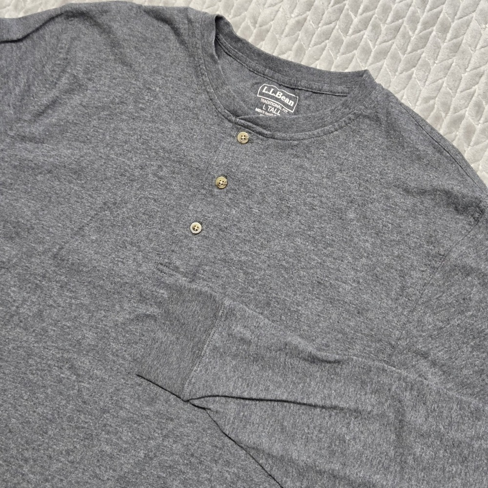 LL Bean Mens Traditional Fit Carefree Gray Unshrinkable Henley Shirt L Tall